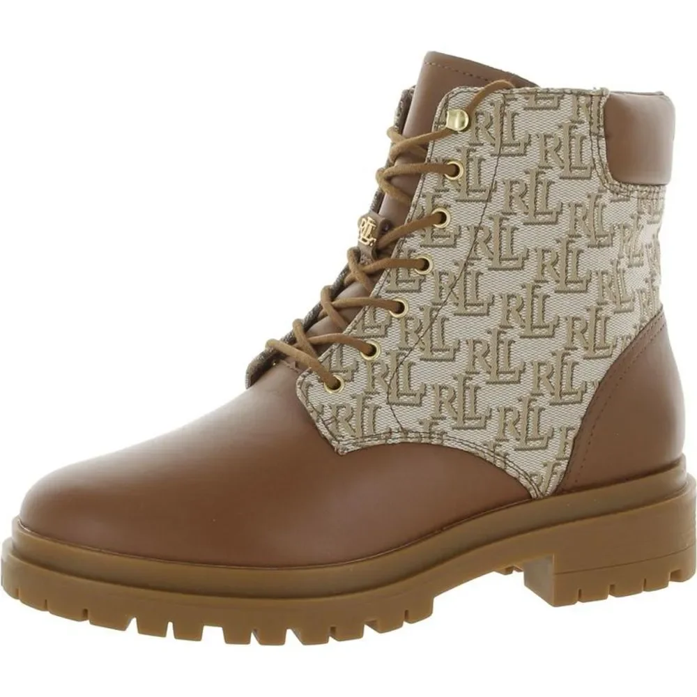 Lauren Ralph Lauren Womens Carlee Tan Logo Combat & Lace-up Boots Shoes NWT